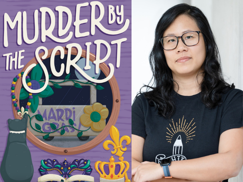 Lisa Chang and the cover of her book, "Murder by the Script"
