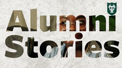 Celia Scott Weatherhead School of Public Health and Tropical Medicine The words "Alumni Stories" are punched out on a parchment background, and a Black student's photo is seen in the words' letters.