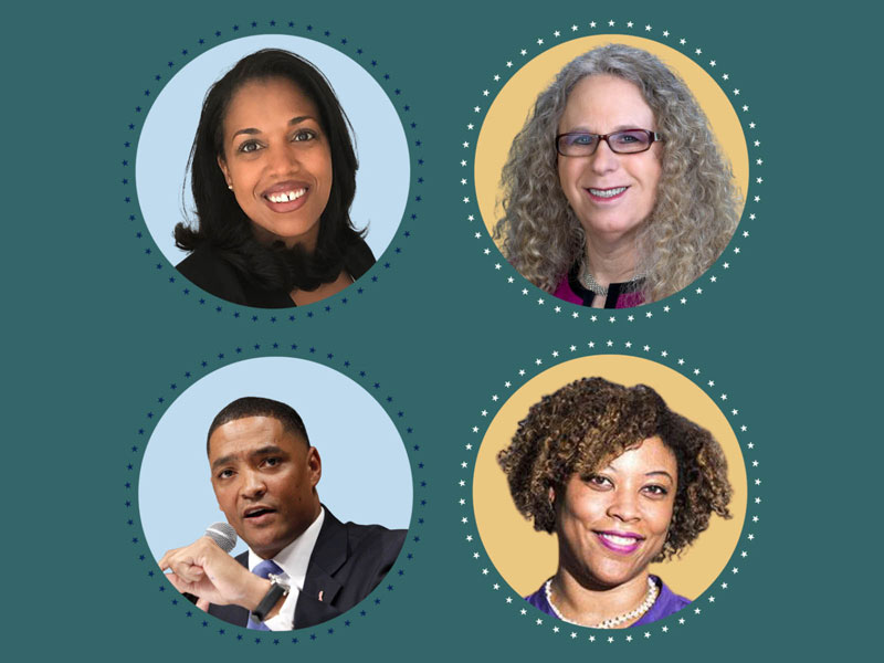 Green background with four circular photos of the Biden appointees