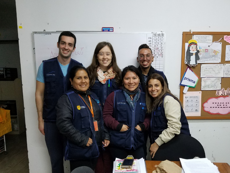 Photo - Front Row: Nelly Briceño -- Asociación Benéfica PRISMA, Blanca Delgado -- Asociación Benéfica PRISMA, and Maria Patrizia Santos, MSPH -- currently PhD student in Epidemiology (MSPH student in Biostatistics at the time of the study). Back row:Rafael Duran -- Asociación Benéfica PRISMA, Jessica Brewer, MPH – currently Monitoring, Evaluation & Learning Coordinator at the Louisiana Public Health Institute (was a Fulbright Scholar at the time of the study), and MiguelAngel Lopez, MPH, RD, LDN – currently PhD student in Social, Behavioral, and Population Sciences.