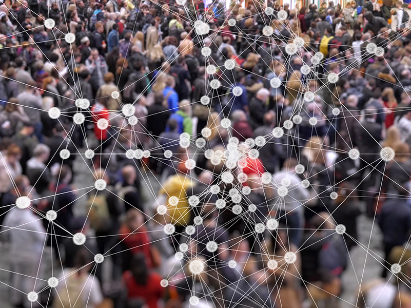 a large crowd with an overlay of connected nodes representing disease spread