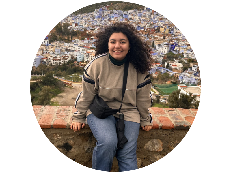 Aber Galderab, smiling and sitting on a brick wall overlooking a panoramic view of blue and white buildings.
