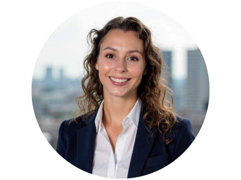 Haley Gross, a smiling woman with curly brown hair in a business suit against a city skyline.
