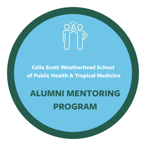 Decorative image, a circular badge with an icon of two people high-fiving on a blue background with the Celai Scott Weatherhead School of Public Health and Tropical Medicine Alumni Mentoring Program text