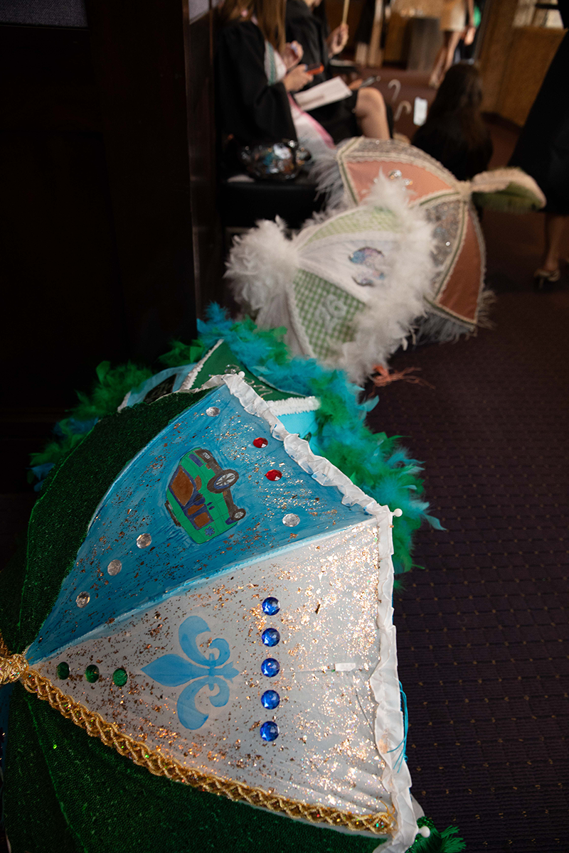 second line umbrellas in a row on the floor at Mahalia Jackson Theater
