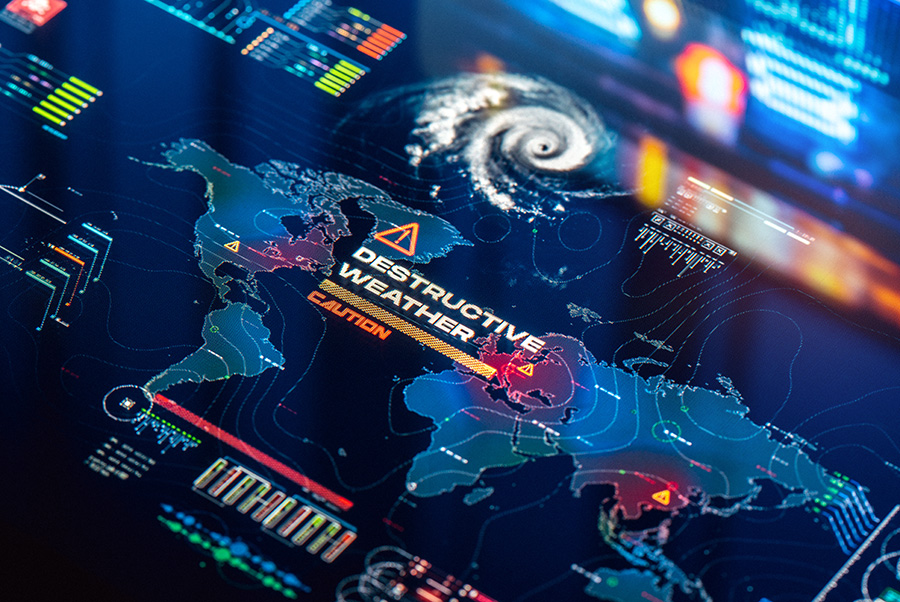 A colorful digital dashboard showing a hurricane weather threat overlaid on a global map
