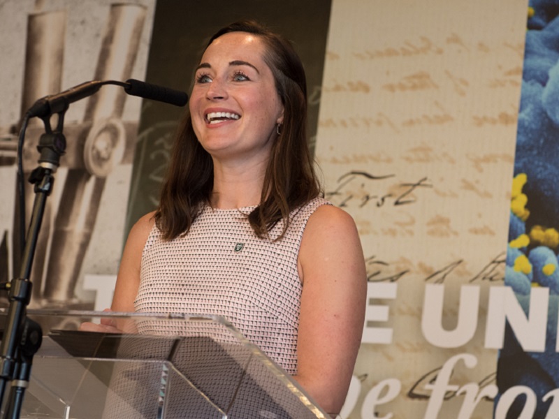 Speaker at Outbreak exhibit