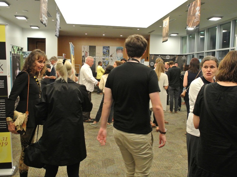 Visitors wait in Diboll Gallery before the Start of the F-NO Film Fest