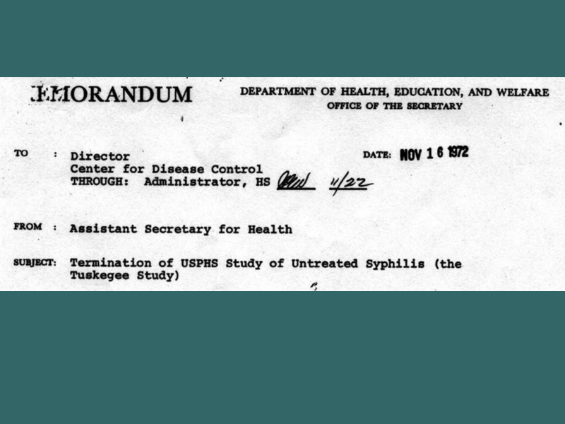 Copy of a memorandum terminating the Tuskegee syphillis study