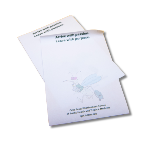 Two white notepads. Top one has mosquito logo and text: "Arrive with passion. Leave with purpose."