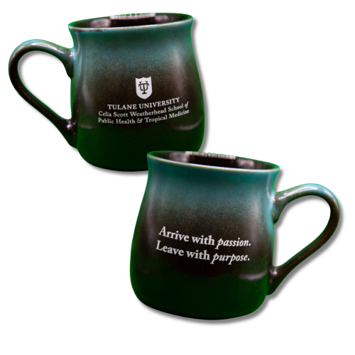 Two Tulane University mugs, teal to black fade. One with logo and university name, the other with a motto.