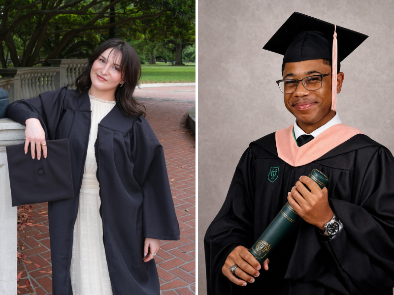 Two smiling graduates, Tess Fox outdoors with a cap, Tyler Verrett indoors holding a diploma scroll.