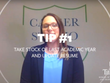 Image of Abby Lukens with the following text: Tip #1: Take stock of last academic year and update resume