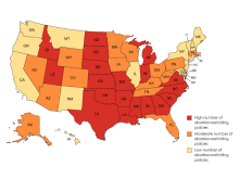 Usa map showing State abortion policy context in 2015